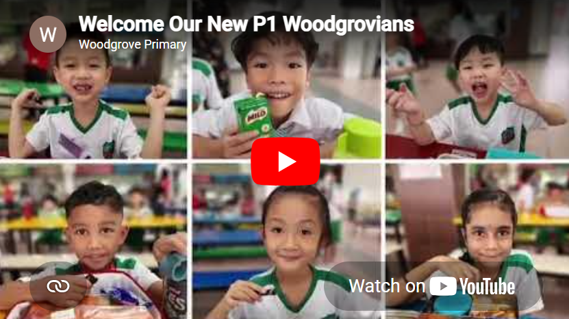 Six photos of children in green-and-white uniforms at a cafeteria, with Welcome Our New P1 Woodgrovians text.